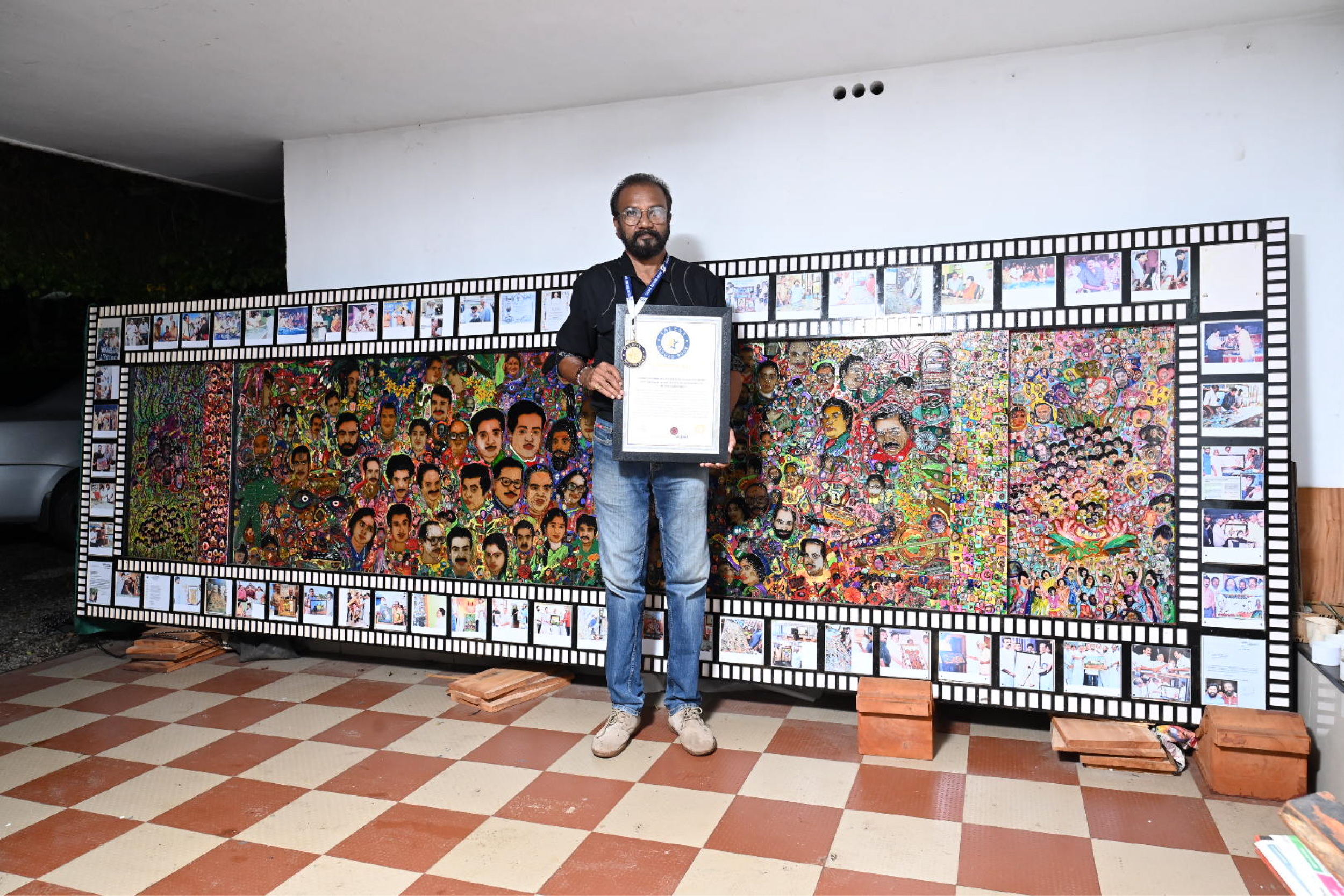 JAVAN CHACKO - LARGEST HANDCRAFTED GLASS EMBOSSED ART WORK AND WOODEN FRAME WITH FILM DESIGN NAMED CHITHRASRADHANJALI